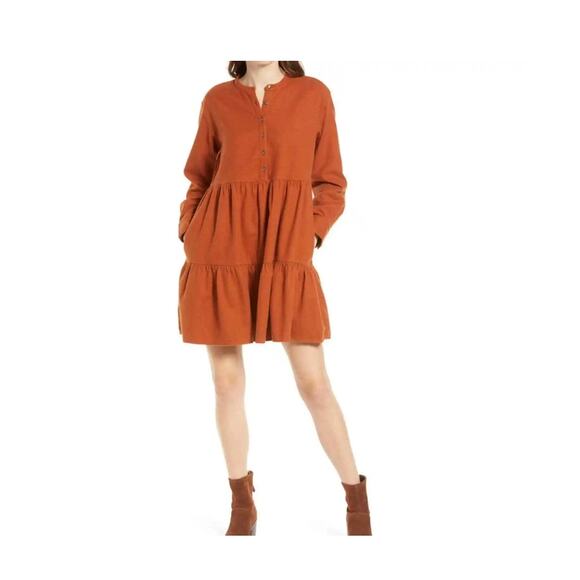 Madewell Flannel Button Placket Tiered Mini Dress - Orange Size XXS - Picture 9 of 9